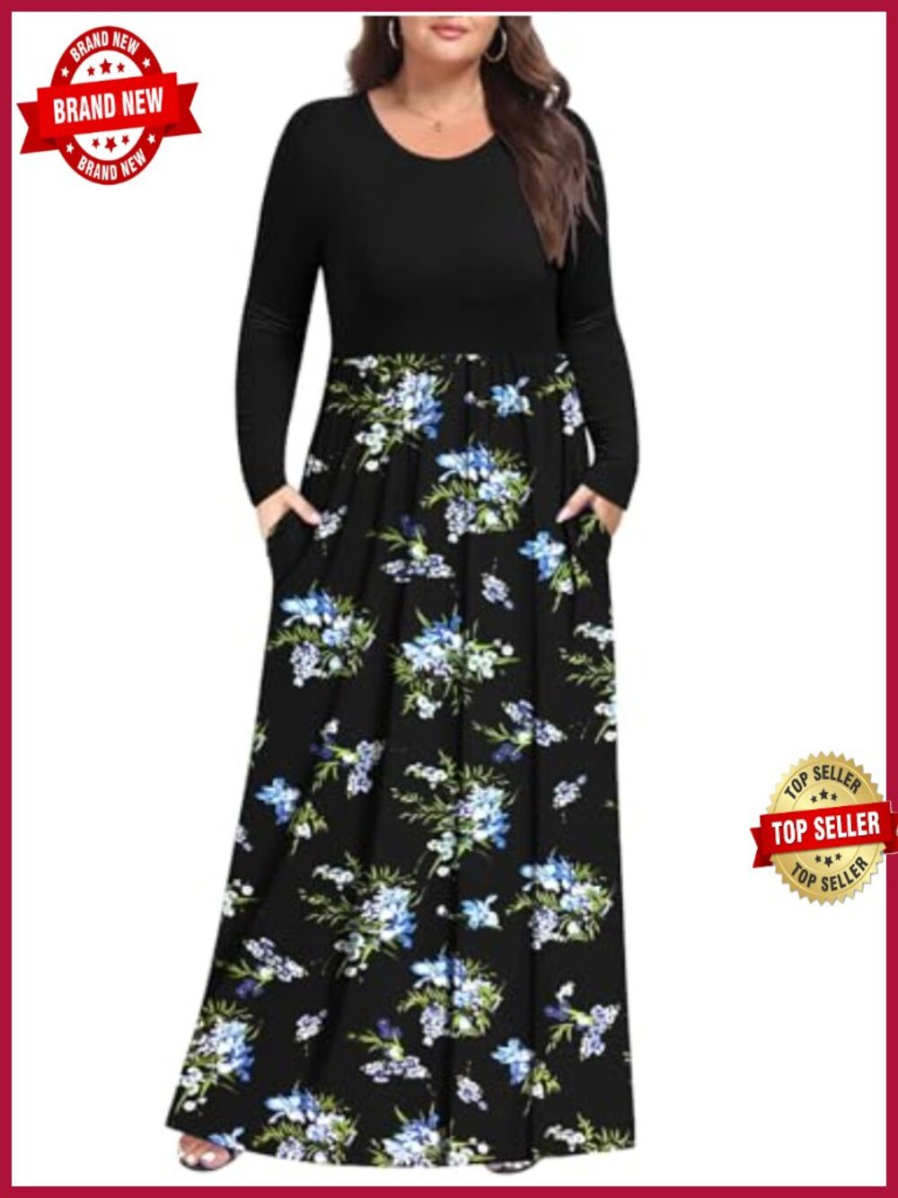 Plus Size Maxi Dress Long Sleeve with Pockets Rayon Spandex